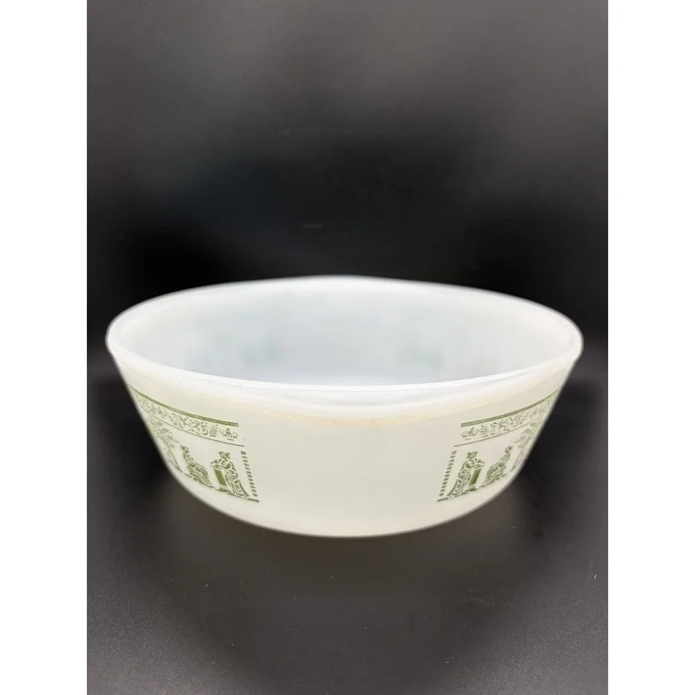 Vintage Glasbake Milk Glass With Roman Greek Green Design 2 QT Casserole‎ Dish